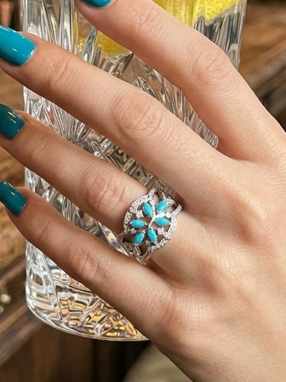 Boho Bling Turquoise Silver Statement Ring Western Glam Cowgirl Rodeo Desert